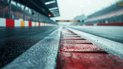 Wall Mural - a close-up shot of an empty f1 track highlighting the wet racing surface. this image captures the sl