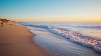 Poster - Tranquil Beach at Sunrise with Gentle Waves and Colorful Sky for Relaxation and Vacation Imagery : Generative AI