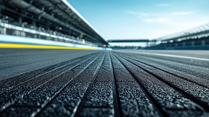Wall Mural - a close-up shot of an empty f1 track showcasing the textured asphalt surface under bright daylight, 