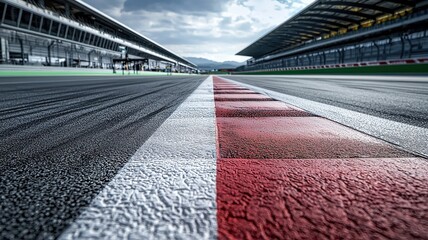 Wall Mural - close-up view of an empty f1 racing track, focusing on the pit area. the image captures the texture 