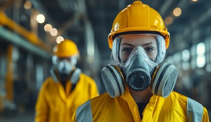 Two engineers in yellow hazmat suits, gas masks inspect fuel leak in industrial warehouse. Wear protective gear. Indoor industrial accident response.