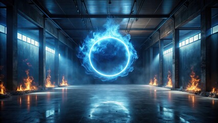 Wall Mural - enigmatic glowing ring in a mysterious industrial setting with fire