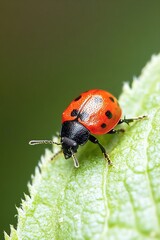 Aufkleber - Closeup of a Vibrant Ladybug on a Green Leaf in Nature : Generative AI