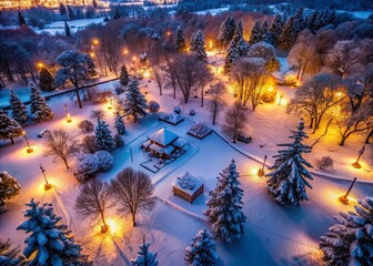 Wall Mural - Serene Winter Wonderland: Snowy Park Illuminated by Soft Lantern Glow - Drone Aerial View