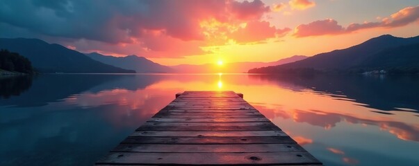 Wall Mural - Wooden pier with reflected sunlit sky and lake, water, nature, calm