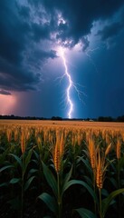 stormy sky with lightning over maize fields in the background, crops, field, corn