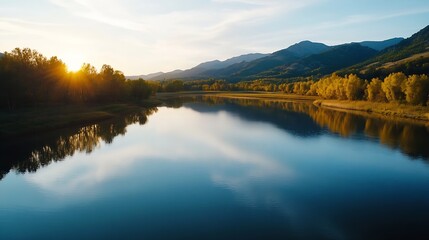 Poster - Breathtaking Sunset Reflecting on Tranquil Lake Surrounded by Autumn Trees : Generative AI