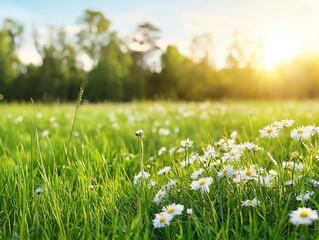 Wall Mural - Sunlit meadow filled with daisies and lush grass under a clear blue sky