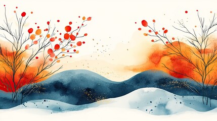 Watercolor autumn landscape, snowy hills, red berries, website banner