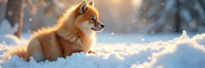 Wall Mural - Soft golden fur blends with falling snowflakes, white, frosty
