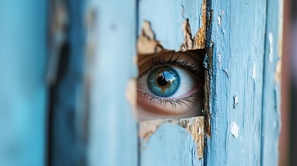 Poster - Intriguing Close Up of an Eye Peeking Through a Weathered Blue Wooden Door : Generative AI