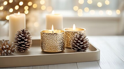 Poster - Cozy ambiance with lit candles and pinecones on a tray for festive decoration during winter : Generative AI