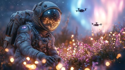 astronaut rests amidst glowing flowers, drones overhead, alien landscape; science fiction illustrati