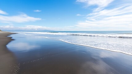 Poster - Tranquil beach scene with gentle waves lapping on the shore under blue sky : Generative AI