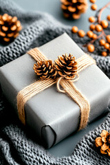 Wall Mural - grey box with pine cones on it. the pine cones are tied to the box with string
