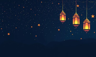 Wall Mural - Illuminated lanterns hanging at night, starry sky background, holiday celebration