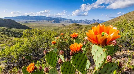 Wall Mural - Vibrant orange cactus flowers bloom in a desert landscape under a blue sky