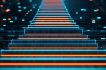 Canvas Print - Glowing steps ascending to the unknown with lights in background. Great for tech promotion