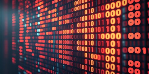 Glowing red binary code on a futuristic digital screen, abstract data flow, cyber security, artificial intelligence, programming, big data, machine learning, hacking background

