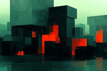 Sticker - Geometric block structures with red accents reflected in liquid; background hazy, for sci-fi concept