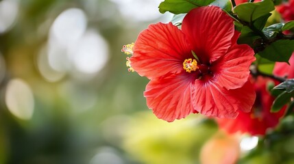 Aufkleber - Close Up of Bright Red Hibiscus Flower with Soft Background Bokeh : Generative AI