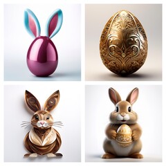 Leinwandbilder - Four images depict Easter themes: a bunny egg, an ornate golden egg, a stylized bunny, and a bunny holding an egg. Festive and spring themed.