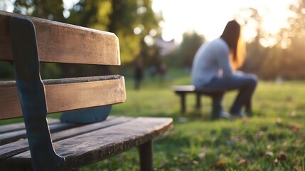 Poster - A solitary figure sitting on a park bench surrounded by greenery reflecting on life during sunset : Generative AI