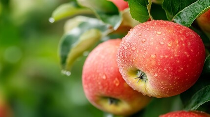 Poster - Fresh Red Apples with Water Droplets on a Lush Green Apple Tree : Generative AI