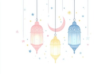 Wall Mural - Pastel Hanging Lanterns, Ramadan, Stars, Crescent Moon, Celebration Background