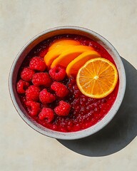 Canvas Print - Fruit cereal bowl topped with orange and raspberries in sunlight, ready for breakfast