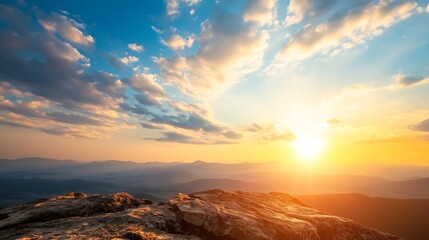 Poster - Golden Sunset Overrolling Mountains and Clouds Highlighting Natural Beauty at Dusk : Generative AI