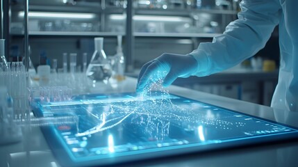 Poster - Photograph Showcasing Electrophoresis Gel with Clearly Visible DNA Bands Illuminated under Ultraviolet Light in a Scientific Laboratory Setting  Highlighting Advancements in Molecular Biology