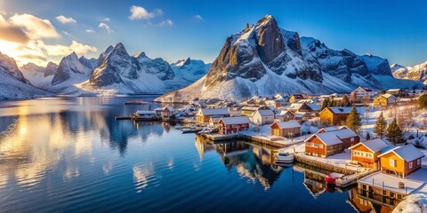 Wall Mural - Sunny Winter Fishing Village in Reinefjord, Lofoten Islands, Norway - Picturesque Scenery with Bokeh