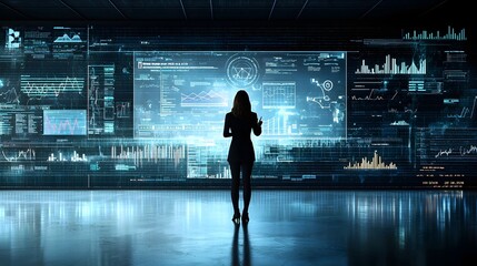 Aufkleber - Silhouette of a businesswoman giving a high tech presentation with data charts graphs and analytics information displayed on a large illuminated digital screen in a modern futuristic office setting
