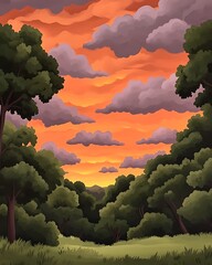 Wall Mural - Forest path view with golden hour glow, dark clouds overhead. Nature scene for illustration use