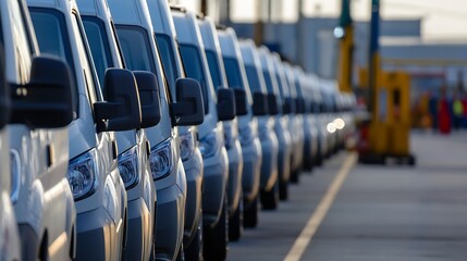 Aufkleber - Line of Dapper Vans Ready for Delivery in Urban Industrial Setting : Generative AI
