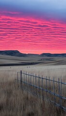 Wall Mural - Fence borders autumn grass field under dramatic crimson sky. Backdrop for rustic ad, farm life blog