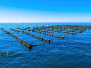 Canvas Print - A serene view of a kelp farming site in calm waters under a clear blue sky, showcasing a sustainable aquaculture method.