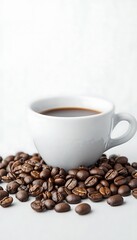 Canvas Print - Espresso cup on roasted beans, neutral background. Use for cafe, coffee shop, or lifestyle blogs