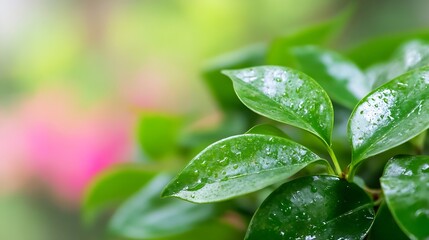 Poster - Fresh Green Leaves with Rain Drops on a Gentle Blurred Nature Background : Generative AI