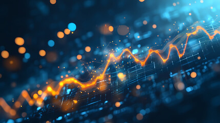 Poster - Dynamic financial chart with fluctuating graphs and glowing elements on a blue background. Glowing Abstract Patterns. Illustration