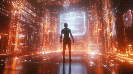 A futuristic AI interface projected in mid-air, surrounded by glowing data streams 