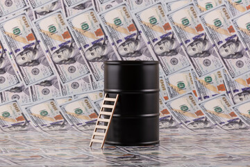 Metal oil barrel with 100 US dollar bills in the background