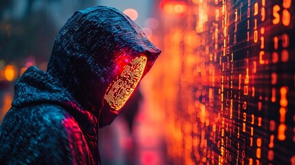 Hooded figure, city rain, digital code wall, cyberpunk