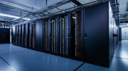 High-tech data center with illuminated server racks and advanced networking infrastructure, highlighting digital security and cloud computing. Ideal for IT, AI, and cybersecurity content