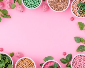 Wall Mural - Colorful assortment of decorative edible elements in bowls on a pink background, perfect for baking