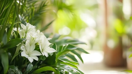 Aufkleber - Lush Green Plants with Elegant White Flowers in a Bright Serene Environment : Generative AI