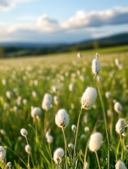 Poster - Vibrant field of soft cotton like plants swaying gently in a scenic landscape under a clear blue sky : Generative AI