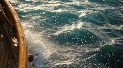 Wall Mural - A close-up view of ocean waves sparkling in sunlight beside a boat's edge.