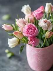 Poster - Beautiful Mixed Bouquet of Soft Pink and White Roses in Elegant Pink Vase : Generative AI